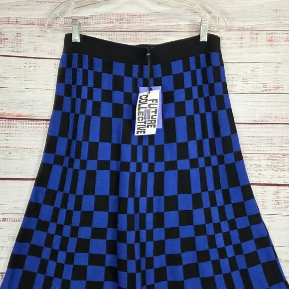 Future Collective Stretch Aline Midi Skirt M Black Blue Check Plaid Party NWT - Picture 5 of 12